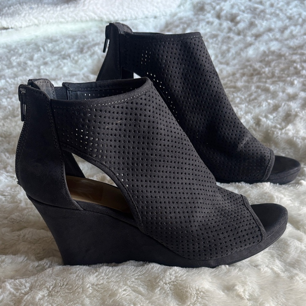 DV by Dolce Vita Perforated Charcoal Suede Wedge Booties
